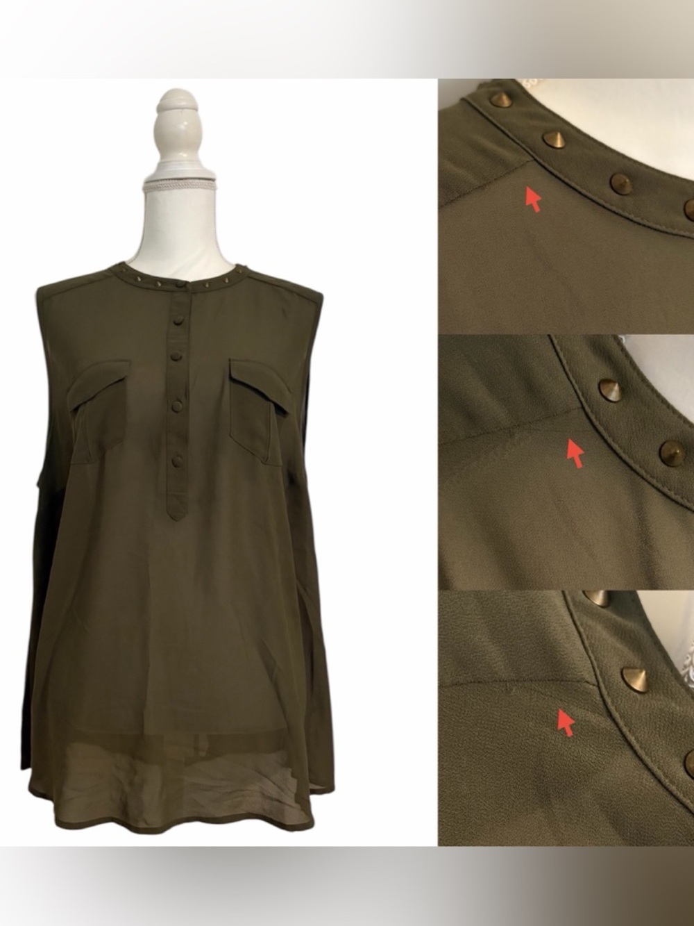 Torrid Olive Green Sleeveless Stud-Trim Sheer Blouse Women’s Plus Size 1